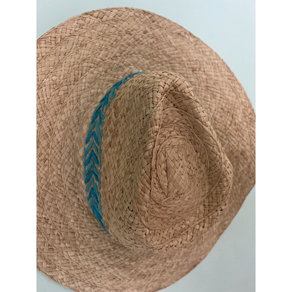 Talbots Embroidered Raffia Straw Hat Turqoise Adjustable NWT - Picture 2 of 9